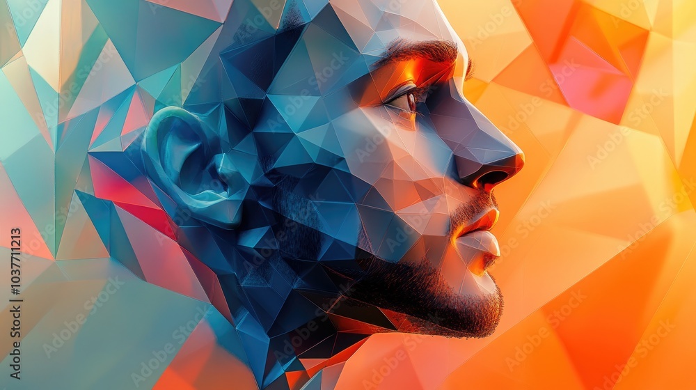 Aufkleber man on a vibrant abstract polygon surface featuring a trendy 3d illustration and rendering