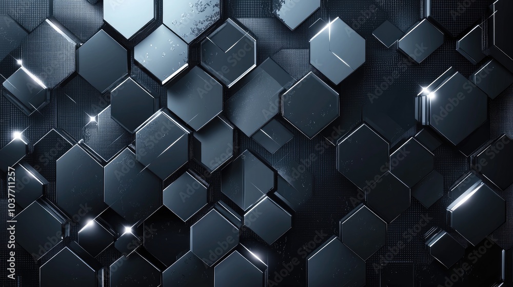 Poster painting featuring text within a shiny grey hexagon geometric pattern creating a realistic and trend