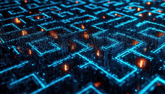 Digital world depicted as a complex maze, symbolizing challenges in cybersecurity.