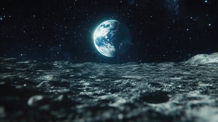 Earth viewed from the moon in a 3D cartoon rendering