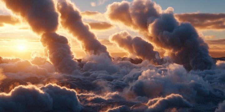 Active fumaroles emitting steam and sulfur at a geothermal power facility in a volcanic landscape, Steam and sulfur emissions from fumaroles at a geothermal power plant in a volcanic scene