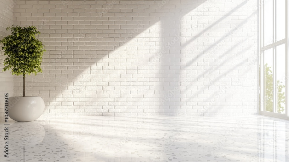 Poster 3d rendering of a corner with a white brick wall and floor featuring an abstract background