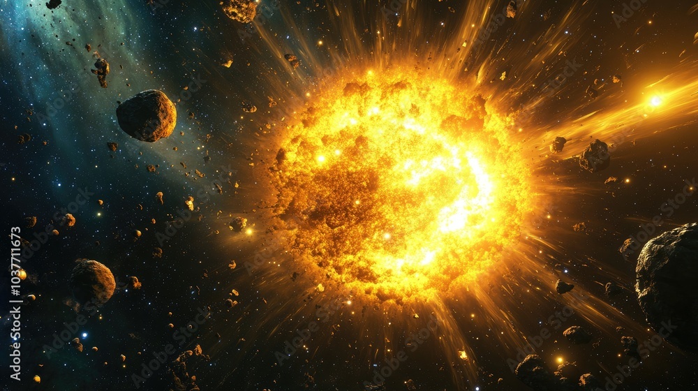 Poster awesome space background featuring an explosion of a star in 3d cartoon rendering