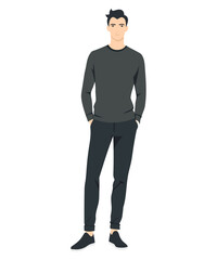 Vector illustration of a man wearing a dark gray sweater and black pants. Discreet and comfortable style for every day.
