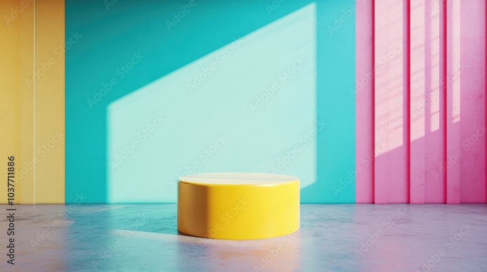 Poster empty interior featuring a yellow pedestal on a vibrant backdrop with a blank display for showcasing