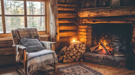 Fototapeta premium Cozy Rustic Cabin with Warm Crackling Fire