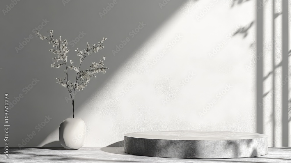 Poster gray cement texture with empty stone podium on minimalist background for abstract display promotiona