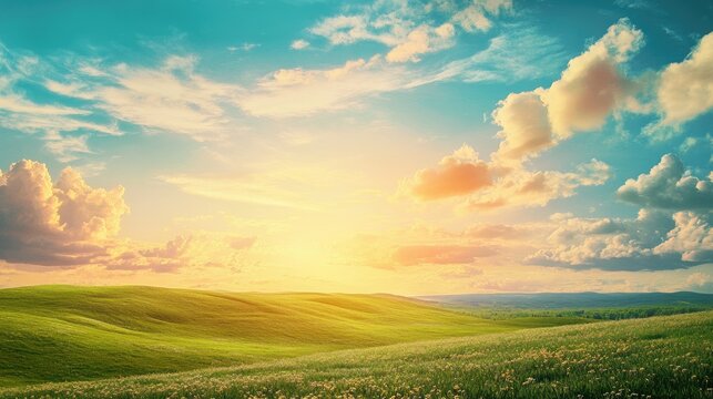 Scenic landscape featuring rolling hills under a vibrant sky with fluffy clouds showcasing the beauty of nature in a serene and tranquil environment