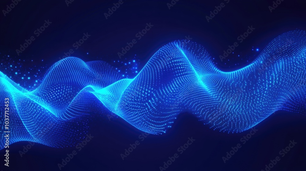 Poster glowing neon lines and grids on a blue background sound vibration element technology data connection