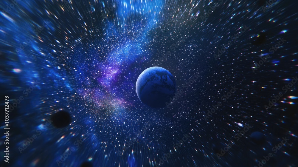 Aufkleber 3d cartoon illustration of stars within a galaxy and planet in open space 3d rendering