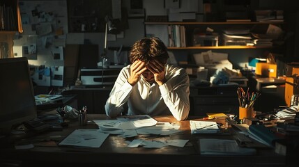 Naklejka premium Businessman sitting at his desk, hands over his face, with a messy workspace in the foreground, soft evening light casting long shadows, low-angle shot capturing his defeated posture. 