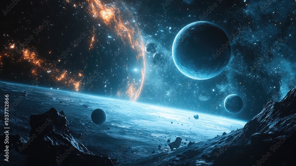 Poster panoramic view of planets in a distant solar system in space with 3d cartoon rendering