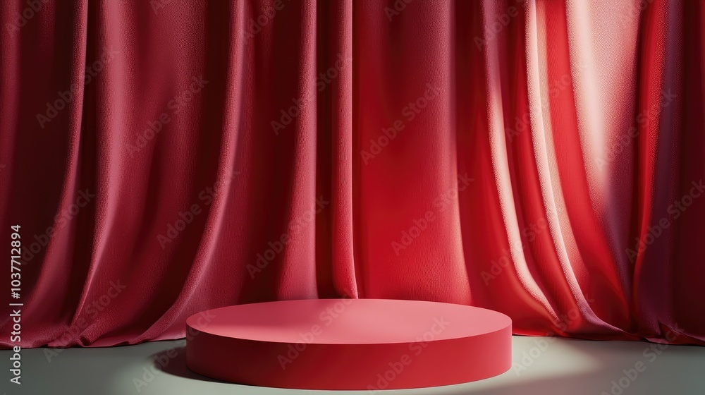 Poster elegant abstract still life with a red podium platform and curtain for product showcasing 3d renderi