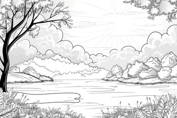 Fototapeta premium Coloring book illustration of a serene morning scene with gentle sunshine and a refreshing atmosphere featuring fog over a tranquil field