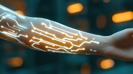 A glowing circuit pattern illuminates a human arm, symbolizing advanced technology integration, AI