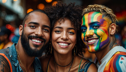 Fototapeta premium Three Diverse Friends Smiling Together at a Pride Parade