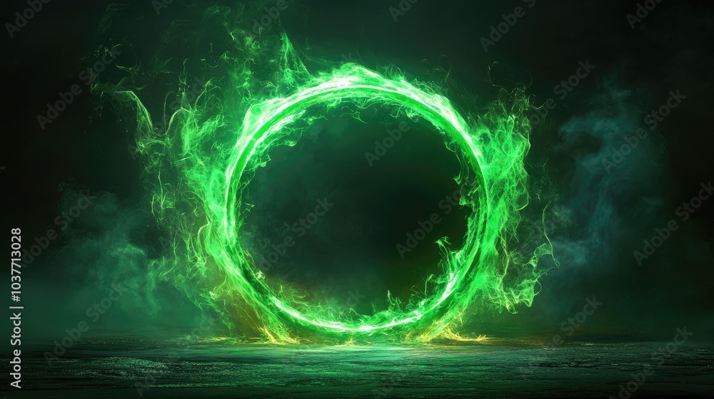 Poster electric green portal featuring a neon light effect magical glowing ring with a circular energy flar