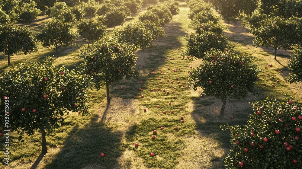 Poster top-down view of an apple garden, rows of trees casting soft shadows, apples scattered across the gr