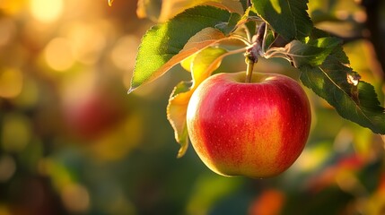 Close-up of a ripe apple hanging from a branch, sunlight filtering through the leaves, background blurred to focus on the vibrant red fruit and the rich green foliage around it. 