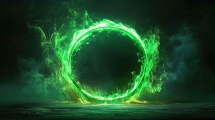 Electric green portal featuring a neon light effect Magical glowing ring with a circular energy flare in 2D LED 3D aura circle power UI game hologram with a mystical fantasy theme