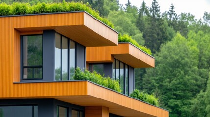 Fototapeta premium Modern eco-friendly building with lush rooftop gardens against a forest backdrop, AI