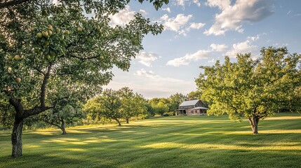 Obraz premium A rustic apple orchard during golden hour, apples glowing under the warm light, low-angle shot of trees in full bloom, with the distant farmhouse and blue sky framing the peaceful scene. 