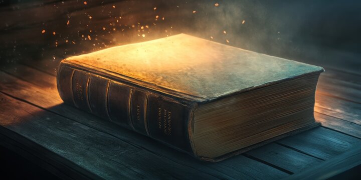 A glowing old book on a wooden table.
