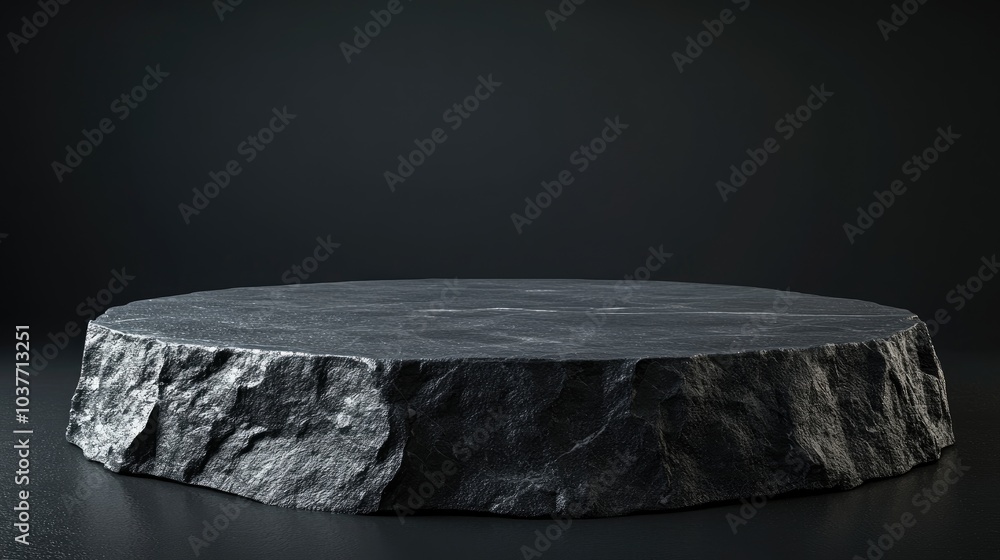 Poster empty black stone podium in a round shape on a dark background blank product display 3d rendering