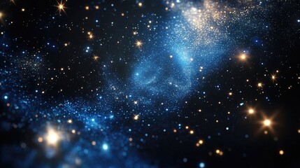 Obraz premium 3D cartoon rendering featuring shimmering blue star particles in motion against a black background showcasing galactic starlight and a nebula in space