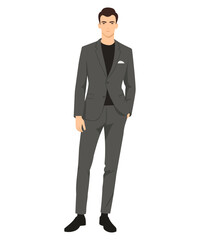 Vector illustration of a man in a gray suit with a black shirt underneath. Formal and elegant style