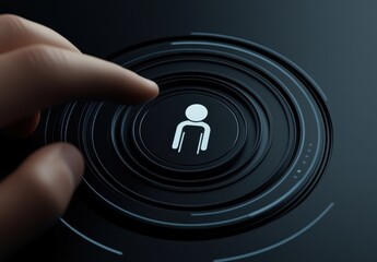 Finger about to press the start button of an AI system, with a human icon in the center, against a black circular background