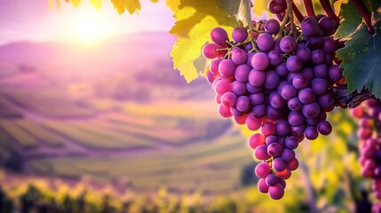 Fototapeta premium Mid-shot of a grapevine laden with ripe grapes, warm evening light casting soft shadows, rich green foliage and purple grapes in focus, rolling hills blurred in the background 