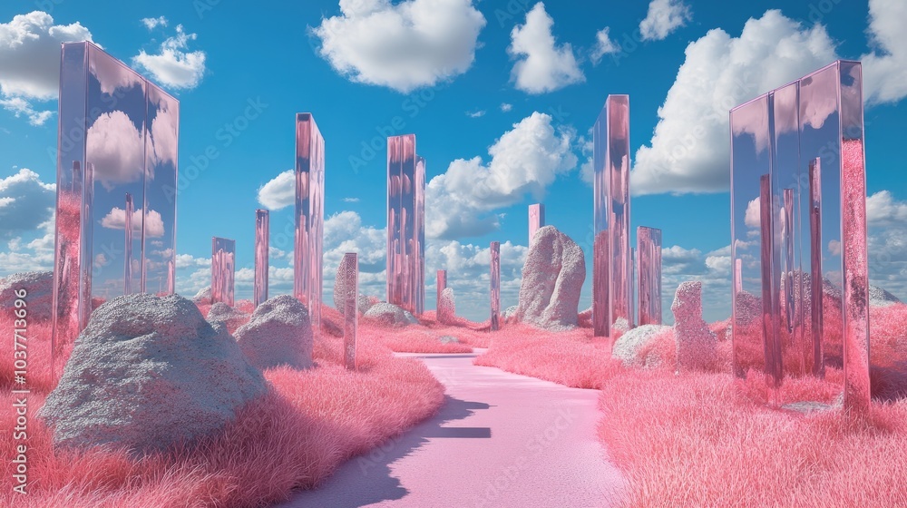 Poster podium set against a backdrop of abstract mirrored shapes and objects surreal terrain featuring pink