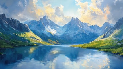 Fototapeta premium Oil painting depicting scenic views from the summit of a volcanic mountain range with a serene lake in the foreground