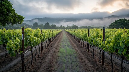 Naklejka premium A peaceful vineyard in the early morning fog, rows of grapevines stretching out under soft diffused light, wide-angle shot capturing the tranquil atmosphere and dewy greenery. 