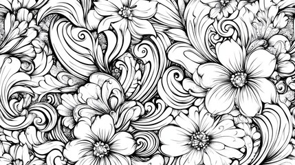 Vector illustration of a doodle background featuring floral designs and paisley elements Suitable for wallpaper pattern fills and coloring pages for all ages Black and white style
