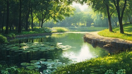 Fototapeta premium Oil painting depicting a serene park landscape featuring tranquil water bodies and lush greenery capturing the essence of a peaceful outdoor setting