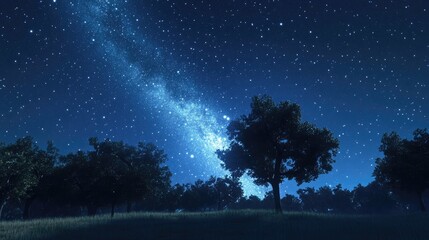 3D cartoon rendering featuring a starry blue dark night sky over a field of trees with a Milky Way cosmos backdrop