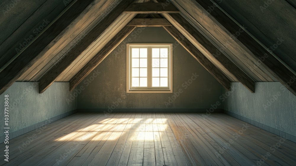 Poster 3d rendering of spacious empty rooms in an attic after wall and ceiling renovations