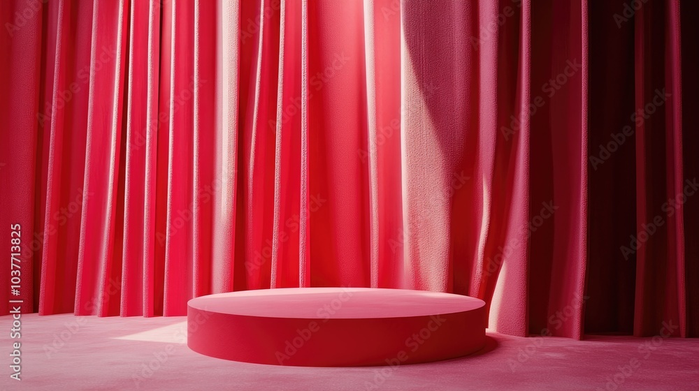 Poster elegant abstract still life with a red podium platform and curtain for product showcasing 3d renderi