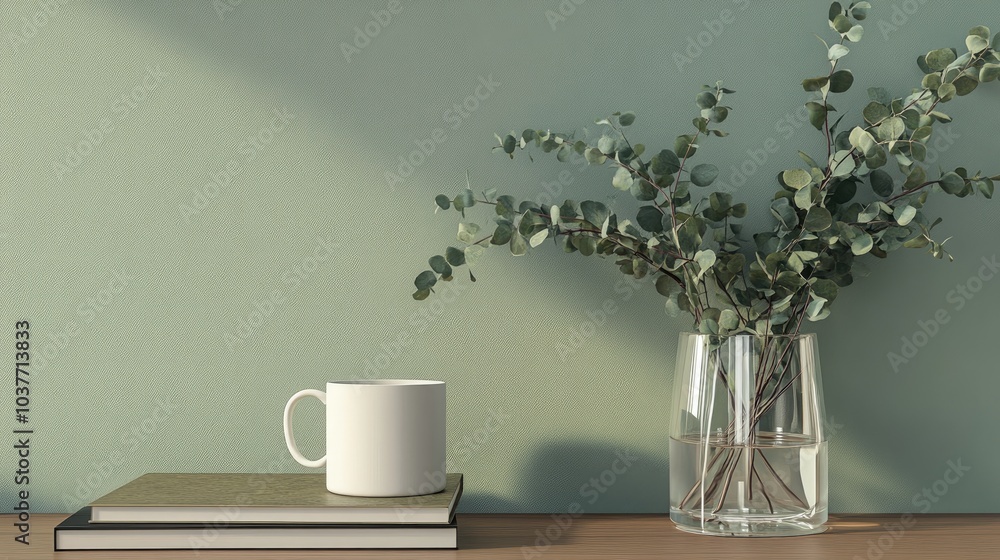 Poster 3d rendering of a mug placed on a stack of books next to a transparent vase filled with eucalyptus b