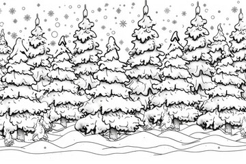 Obraz premium Coloring book illustration of a vibrant winter scene featuring snow covered trees