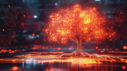 Tech-Inspired Tree with Intricate Leaves and Glow