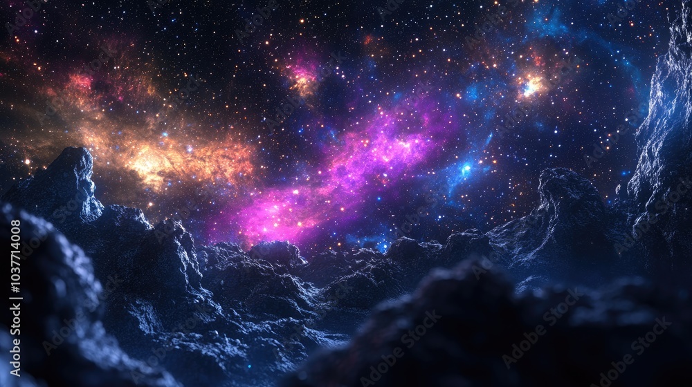 Poster galaxy stars in an abstract space background with a 3d cartoon rendering