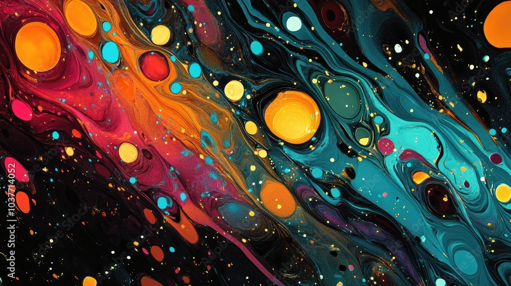 Poster 3d rendering of an abstract background featuring multicolored lines and spots
