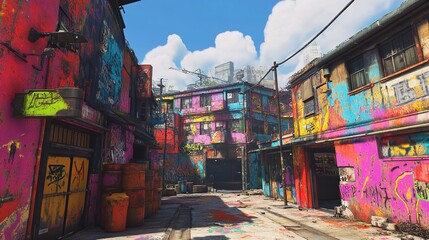 Fototapeta premium A Vibrant Paint-Splattered Street Where Buildings Come Alive with Colorful Murals for Artistic Urban Decor