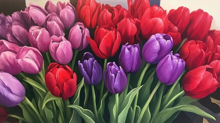 Fototapeta premium Oil painting displaying a stunning arrangement of vibrant red and unique purple tulip blooms at a flower market perfect for a spring themed Mother s Day bouquet