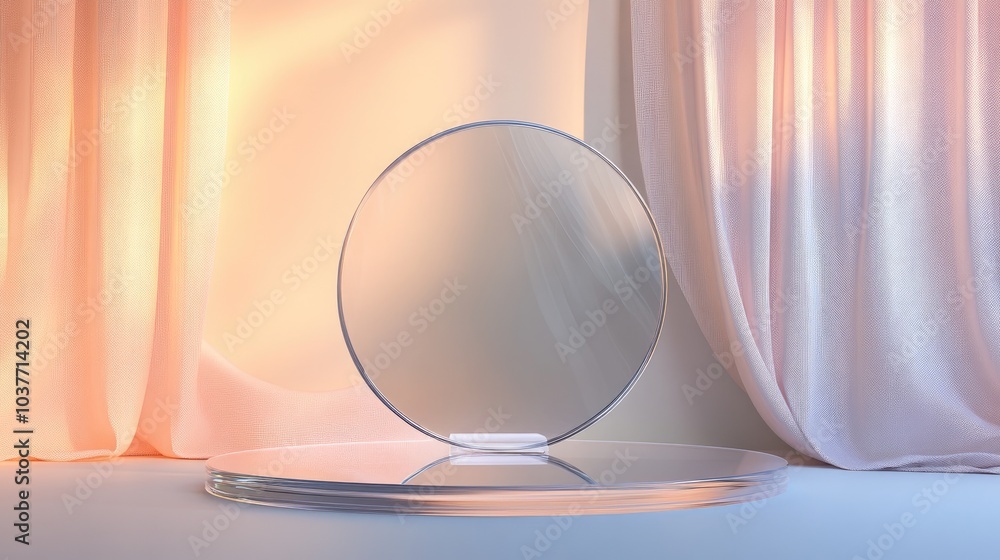 Aufkleber crystal glass podium with a round 3d display stand and a presentation platform in the background