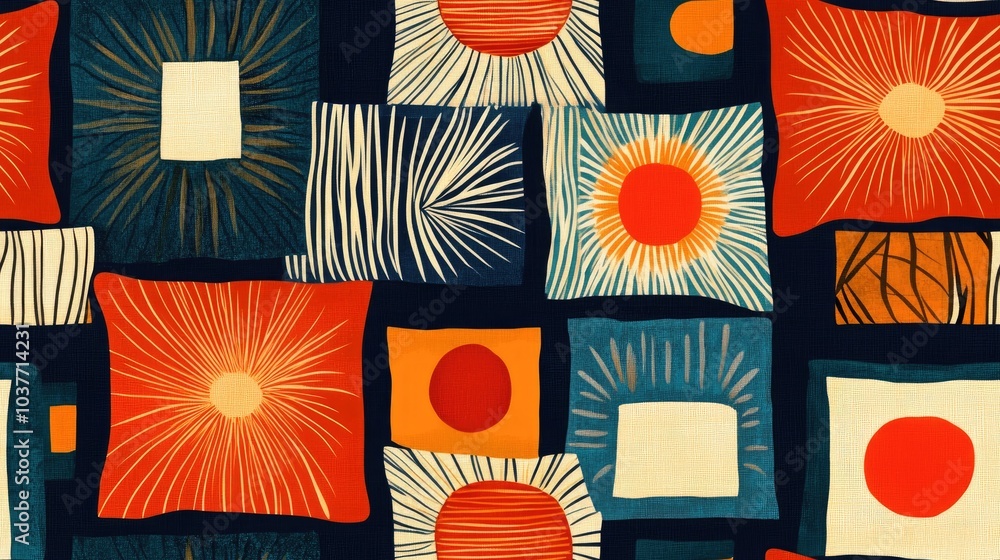 Poster seamless pattern featuring a color composition of pillow elements with a background of square suns