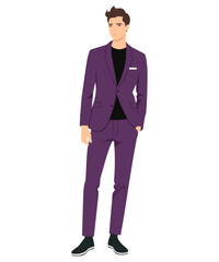 Fototapeta premium Vector illustration of a man in a purple suit and classic shoes. Suit for formal events